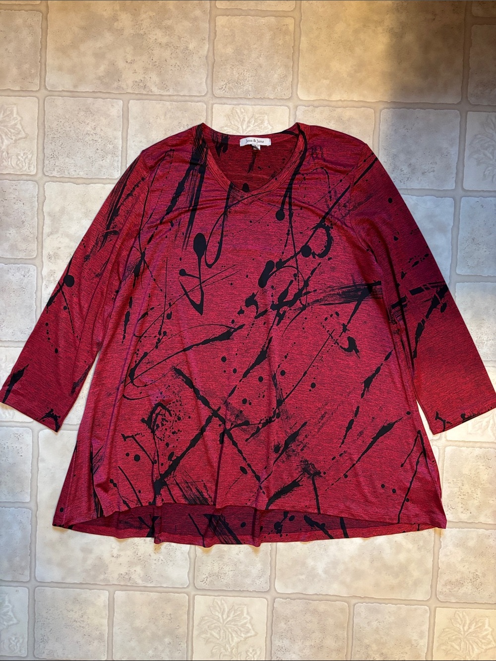 Jess & Jane Top Womens Large Red Slinky Stretch Knit Wearable Art Tunic